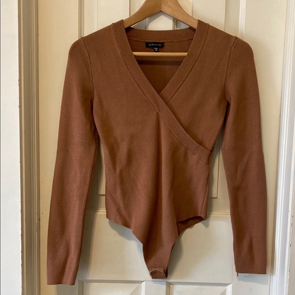 Dynamite Asymmetrical Wrap Bodysuit in Brown - Picture 1 of 11